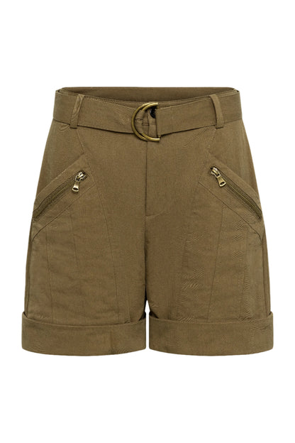 Brown shorts with a belt and zippers on a white background