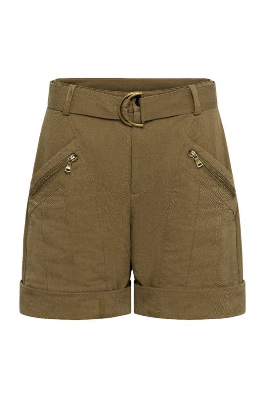 Brown shorts with a belt and zippers on a white background