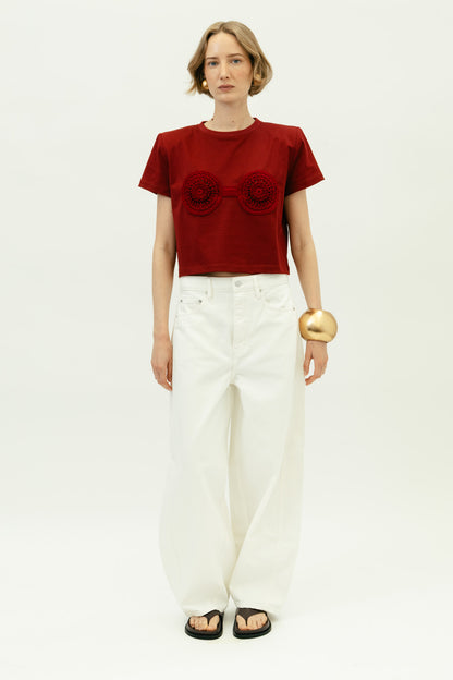 Crochet Bra T shirt in Bordeaux