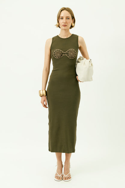 Crochet Bra Cotton Tank Dress in Khaki