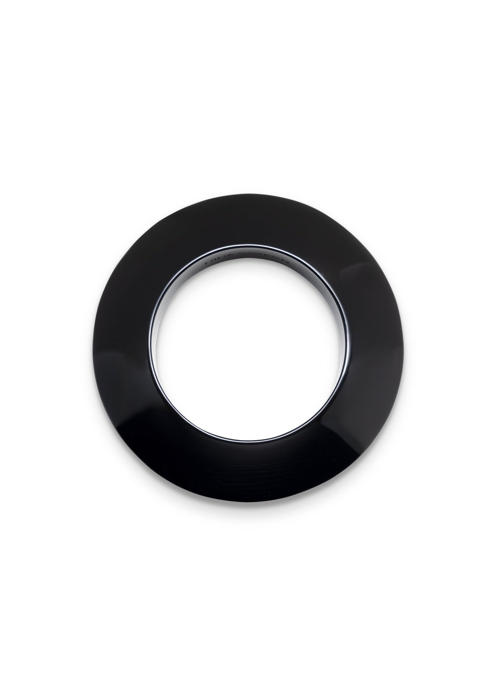 A glossy black circular ring-shaped accessory, possibly a decorative plate, coaster, or lens protector, shown on a plain white background.