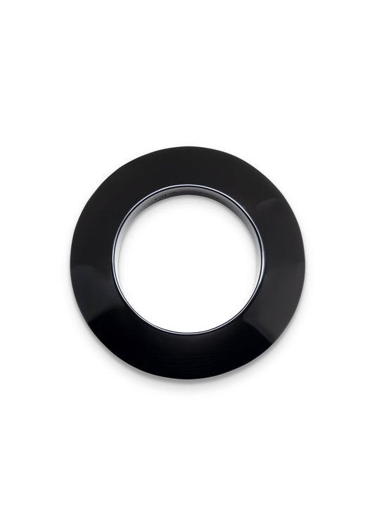 A glossy black circular ring-shaped accessory, possibly a decorative plate, coaster, or lens protector, shown on a plain white background.