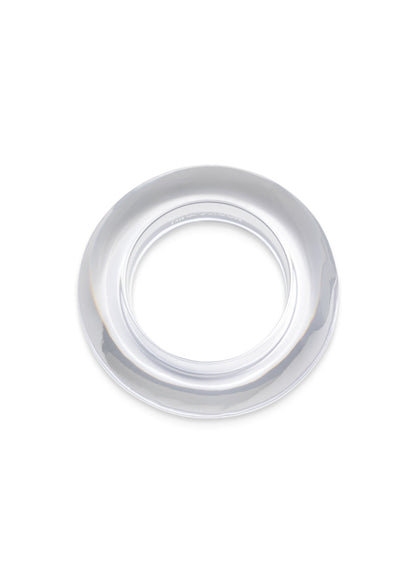 A clear, semi-transparent circular plastic ring or collar, shown from a top-down perspective on a solid white background.