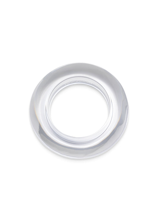 A clear, semi-transparent circular plastic ring or collar, shown from a top-down perspective on a solid white background.