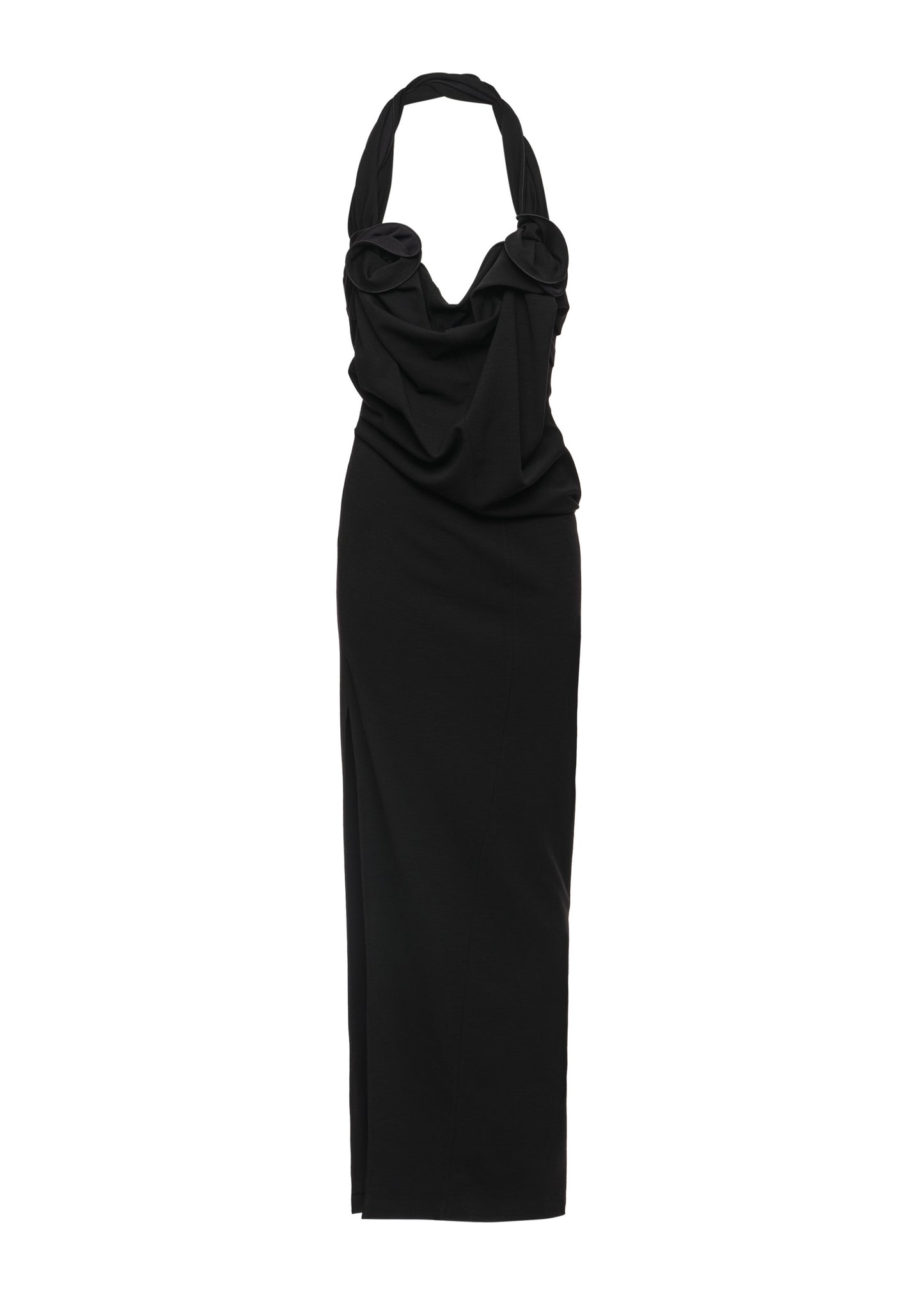 A black halter-neck maxi dress with a draped cowl neckline, shown against a plain white background.