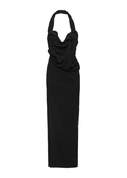 A black halter-neck maxi dress with a draped cowl neckline, shown against a plain white background.