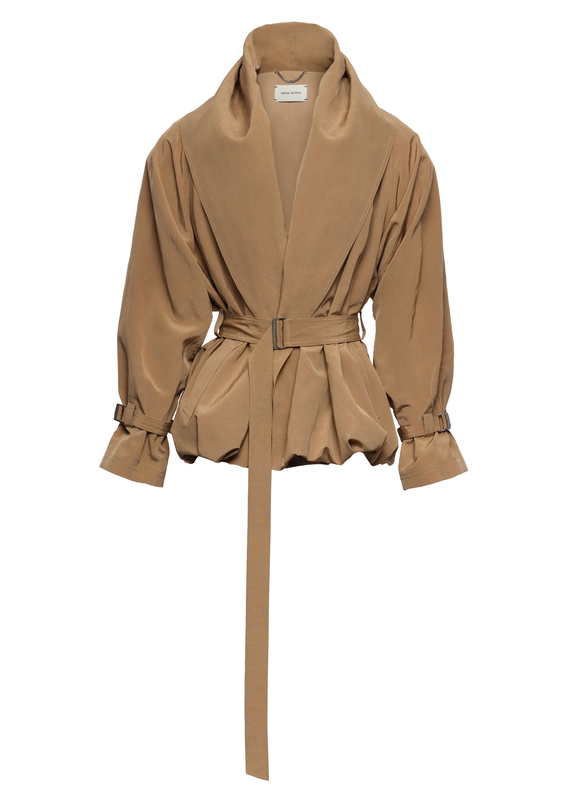 A tan belted wrap jacket with a high shawl collar and gathered peplum hem, shown against a plain white background.