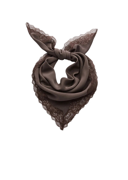 Brown scarf with lace edges on a white background
