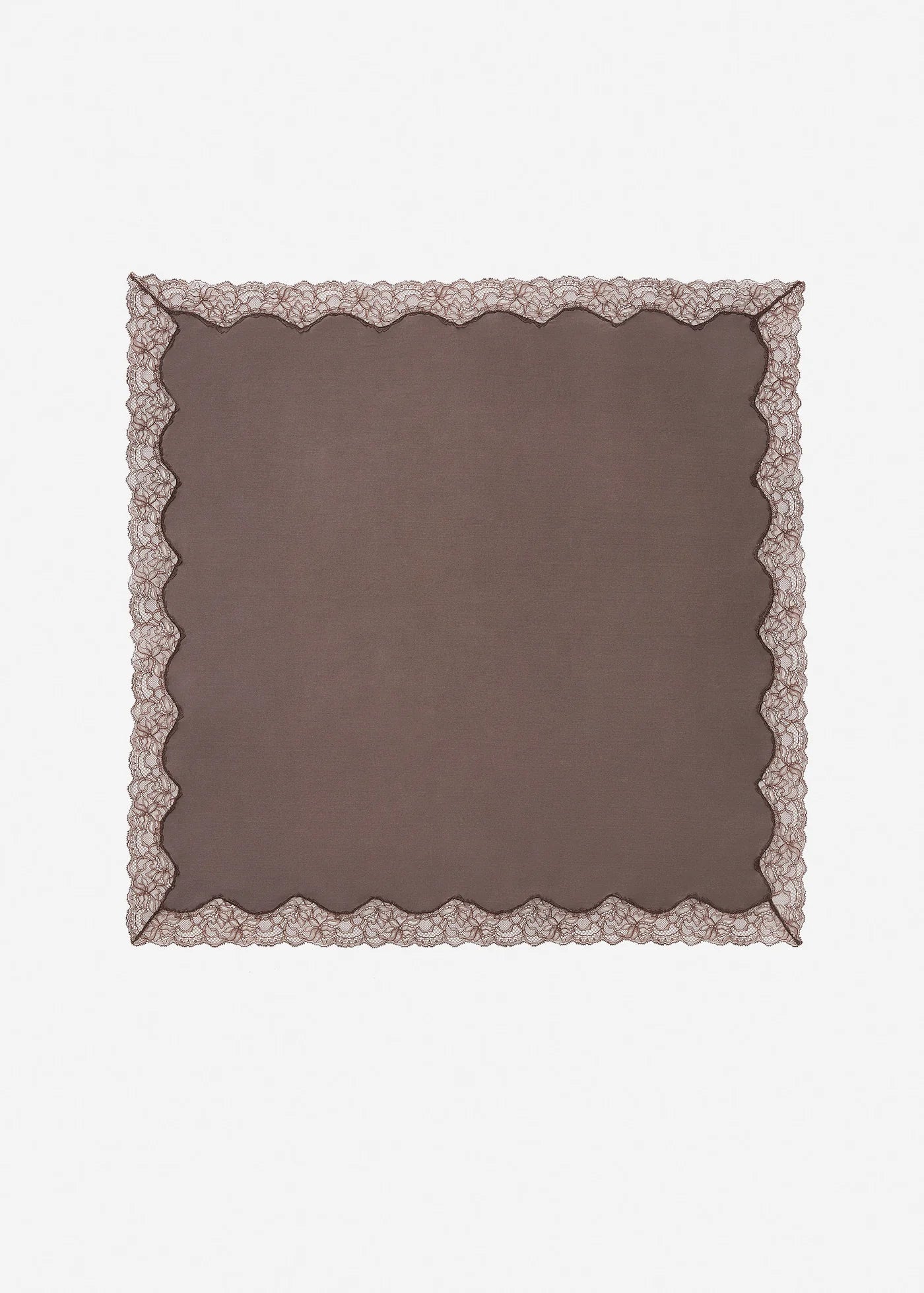 Brown square fabric with decorative lace trim on a white background