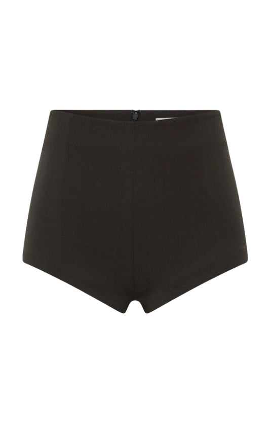 Black high-waisted shorts on a white background