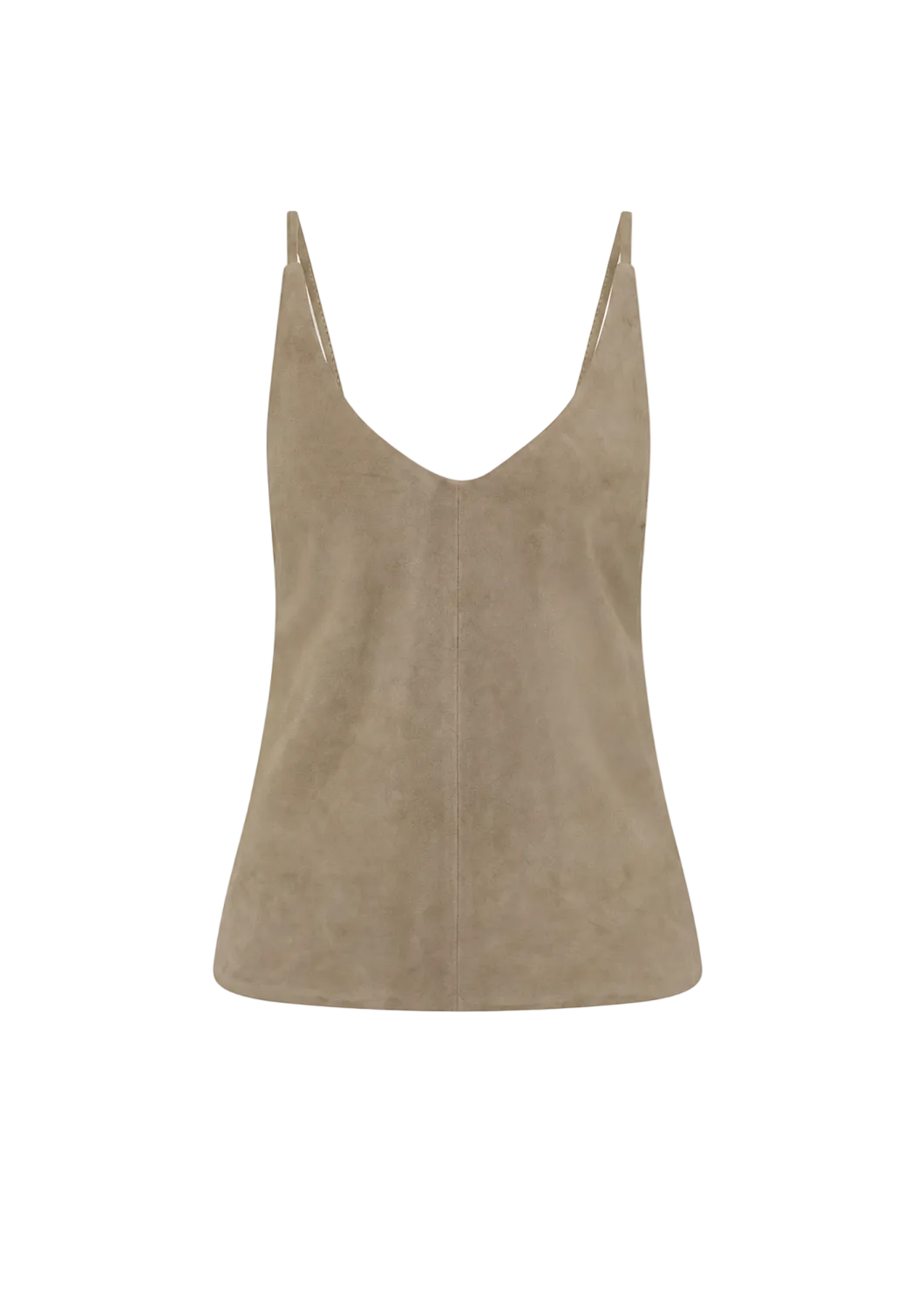 A taupe brown suede camisole top with thin spaghetti straps and a V-neckline, shown against a plain white background.