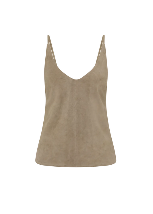 A taupe brown suede camisole top with thin spaghetti straps and a V-neckline, shown against a plain white background.