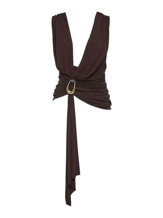 Brown halter top with a belt on a white background