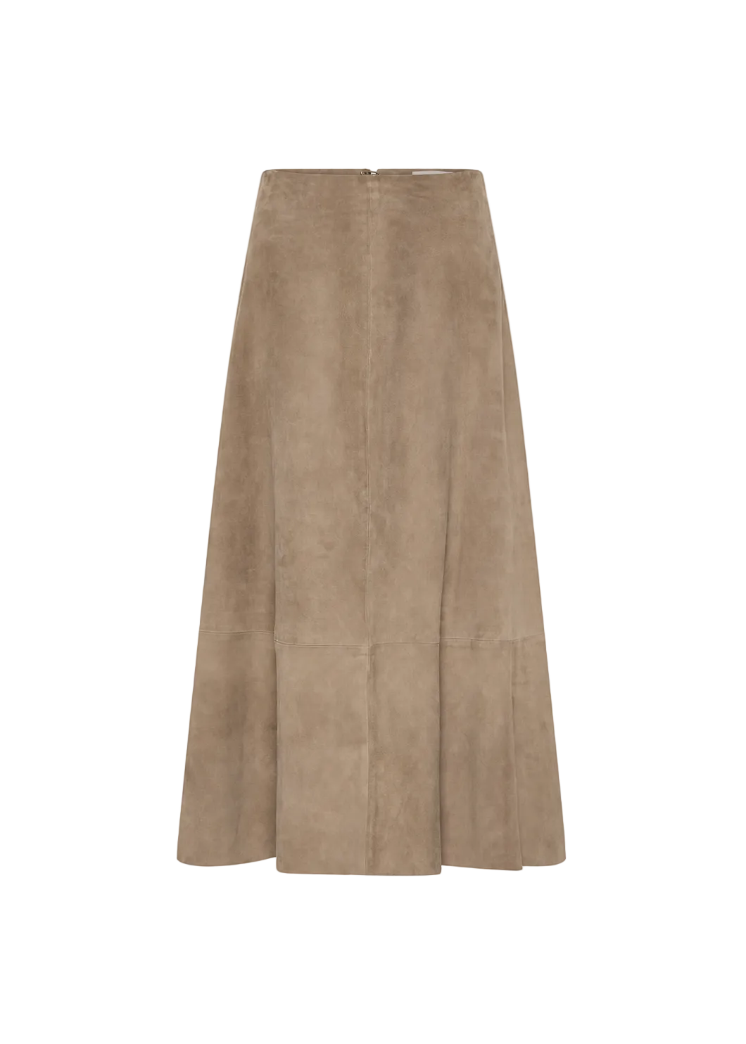A taupe brown suede skirt with a straight waistband and a flared, A-line silhouette, shown against a plain white background.