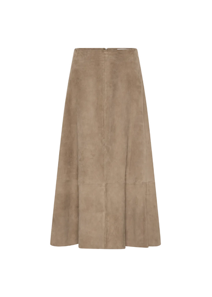 A taupe brown suede skirt with a straight waistband and a flared, A-line silhouette, shown against a plain white background.