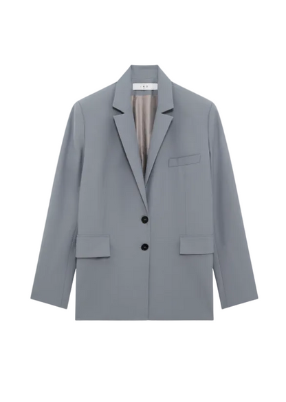Gray blazer with black buttons on a white background
