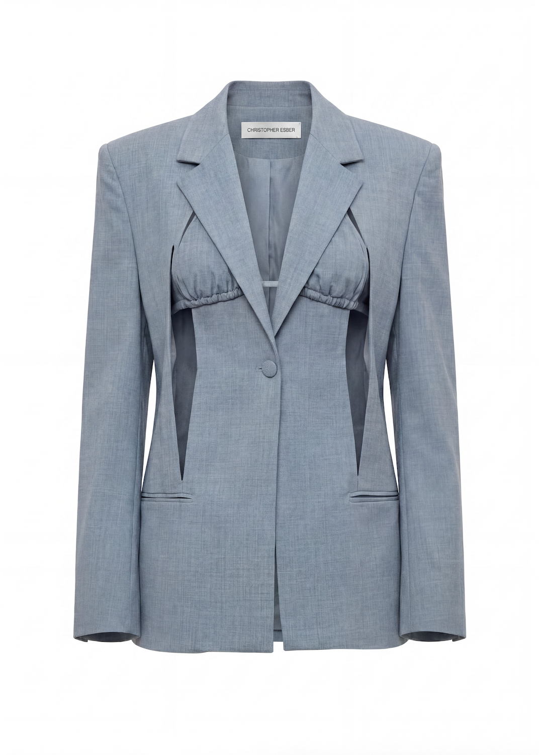 Gray blazer with a textured pattern on a white background