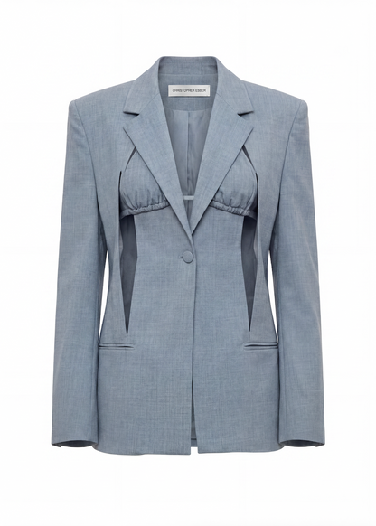 Gray blazer with a textured pattern on a white background