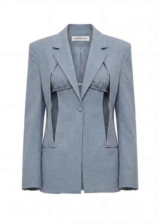 Gray blazer with a textured pattern on a white background
