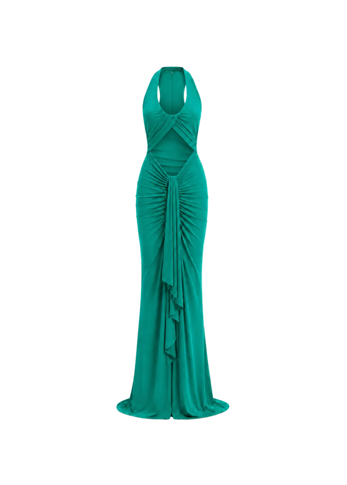 A floor-length teal green halter gown with a draped, ruched bodice and cascading ruffle detail down the front, shown against a plain white background.