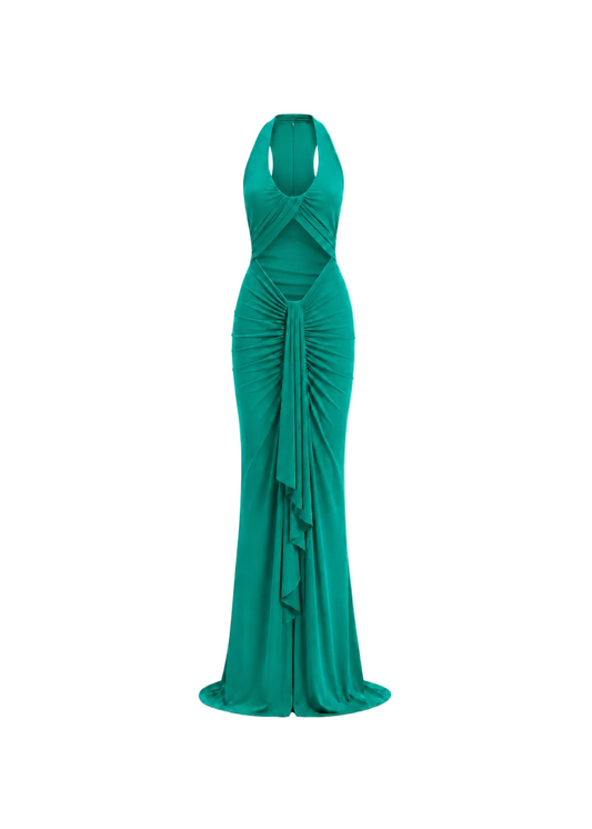 A floor-length teal green halter gown with a draped, ruched bodice and cascading ruffle detail down the front, shown against a plain white background.