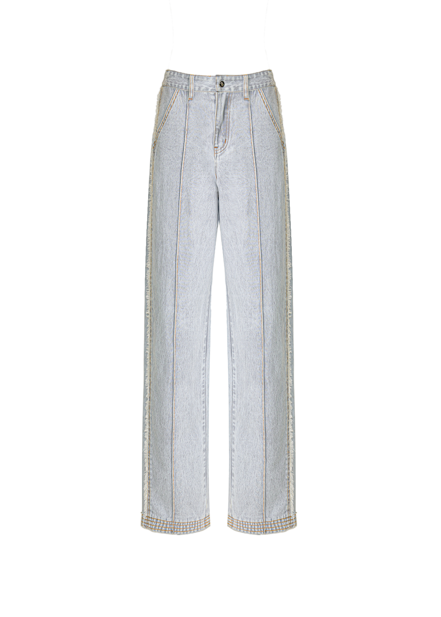 Light gray wide-leg cropped jeans with decorative metallic trim along the outer seams, shown flat against a white background.