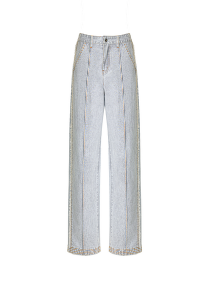 Light gray wide-leg cropped jeans with decorative metallic trim along the outer seams, shown flat against a white background.