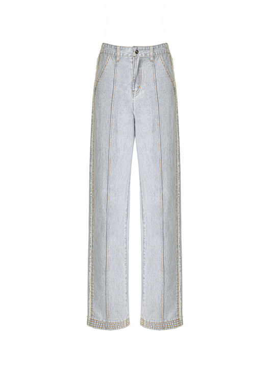 Light gray wide-leg cropped jeans with decorative metallic trim along the outer seams, shown flat against a white background.