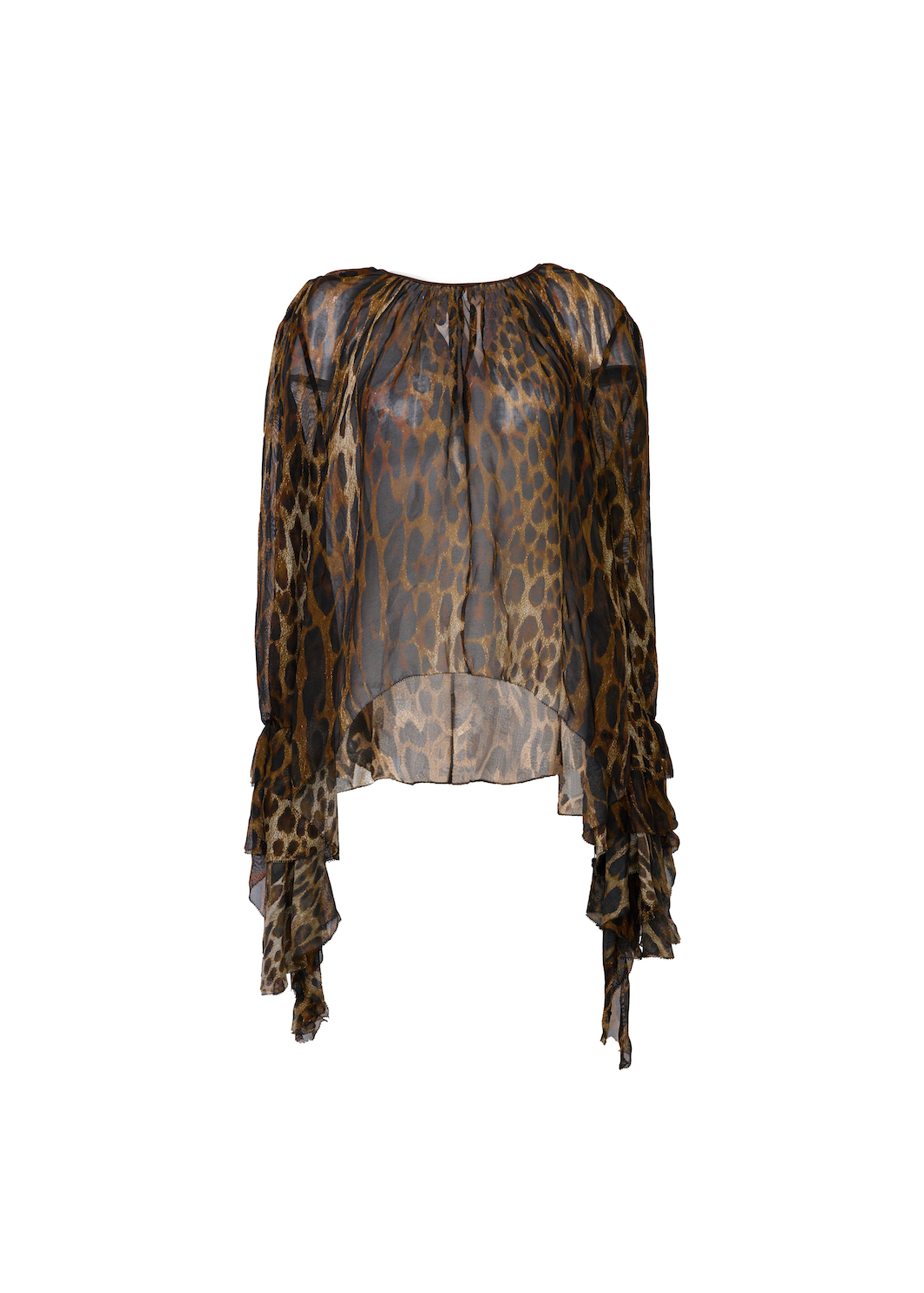 Jacques Wei Leopard Printed Ruffled Sleeve Silk Blouse