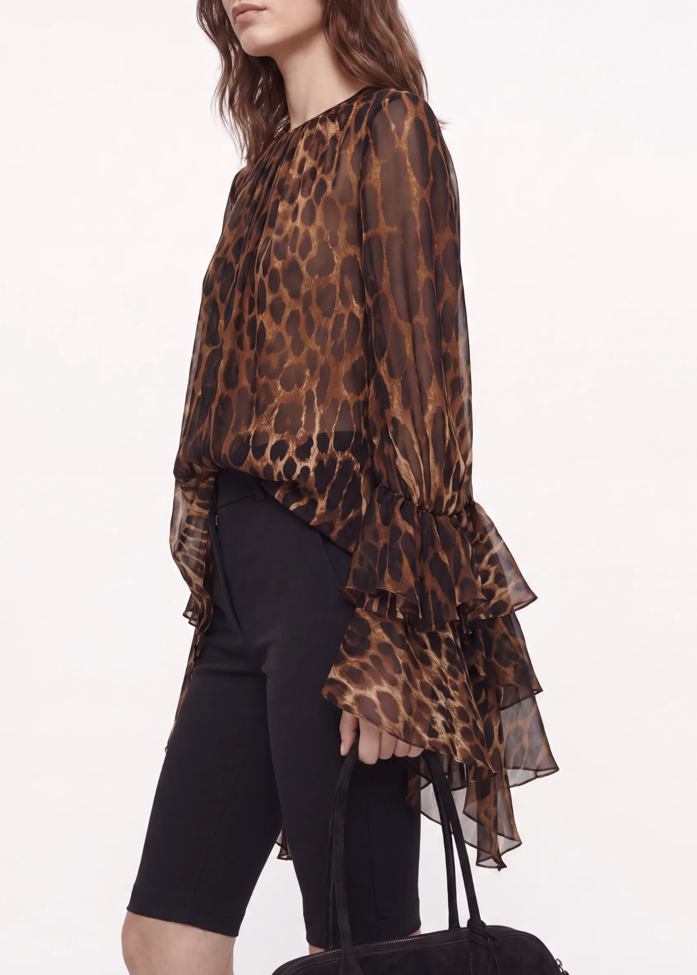 Jacques Wei Leopard Printed Ruffled Sleeve Silk Blouse, view 3