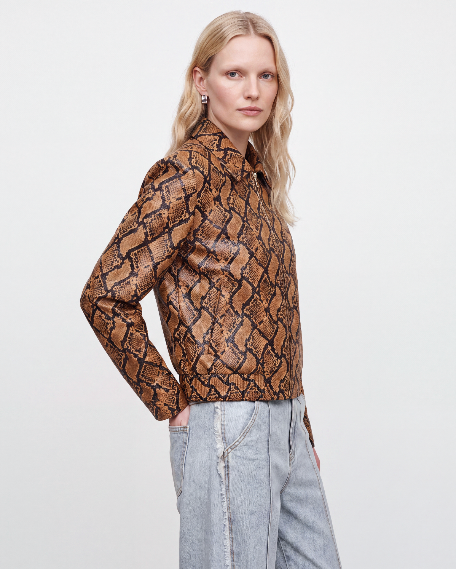 Jacques Wei Serpent Print Lapel Short Leather Jacket, view 3