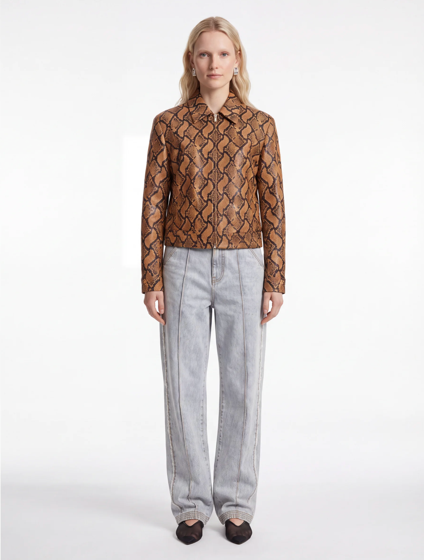 Jacques Wei Serpent Print Lapel Short Leather Jacket, view 2