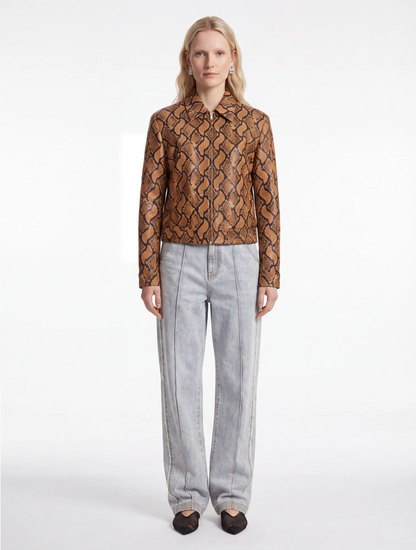 Jacques Wei Serpent Print Lapel Short Leather Jacket, view 2