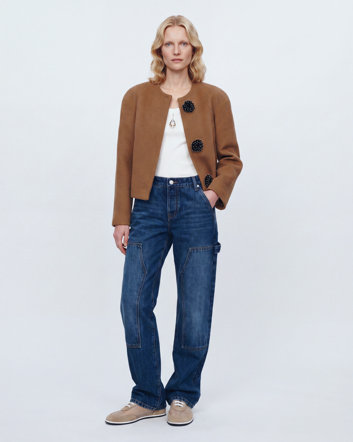 Jacques Wei Floral Button Collarless Wool Short Coat, view 2