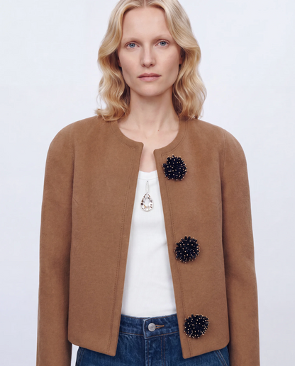 Jacques Wei Floral Button Collarless Wool Short Coat, view 3