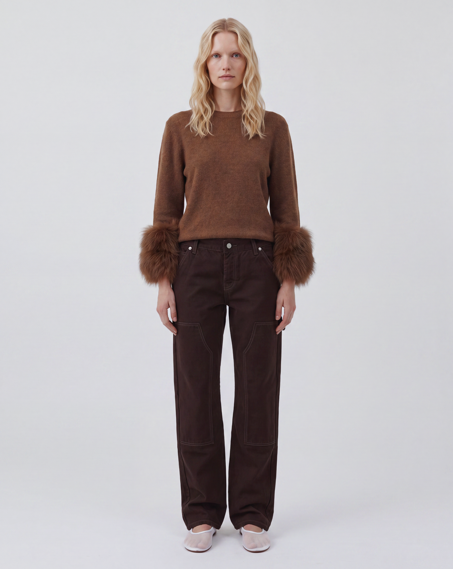Jacques Wei Camel Cashmere Detachable Fur Cuff Pullover Sweater, view 2