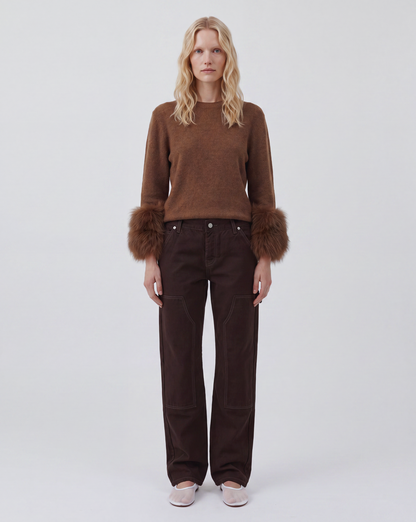 Jacques Wei Camel Cashmere Detachable Fur Cuff Pullover Sweater, view 2