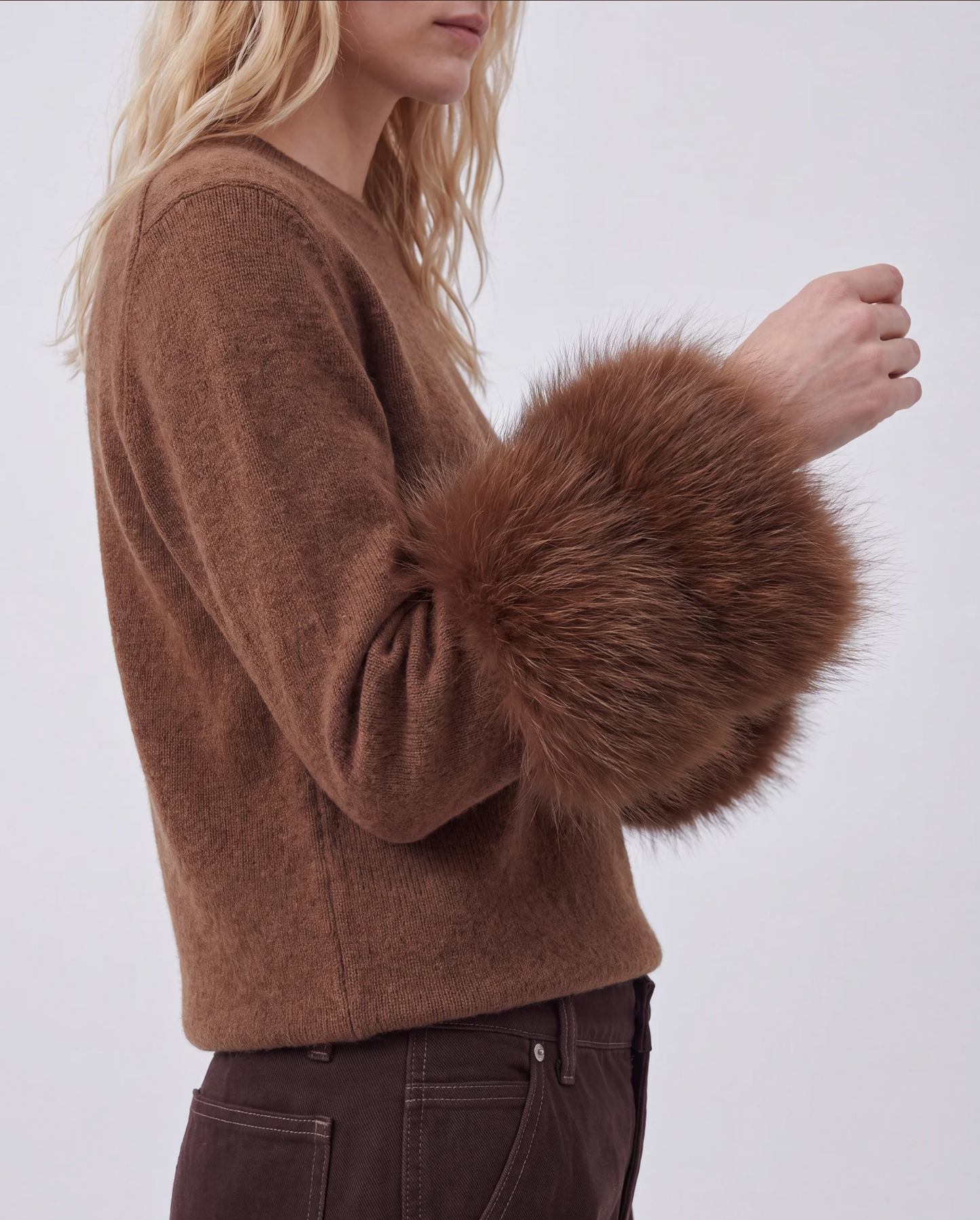 Jacques Wei Camel Cashmere Detachable Fur Cuff Pullover Sweater, view 3