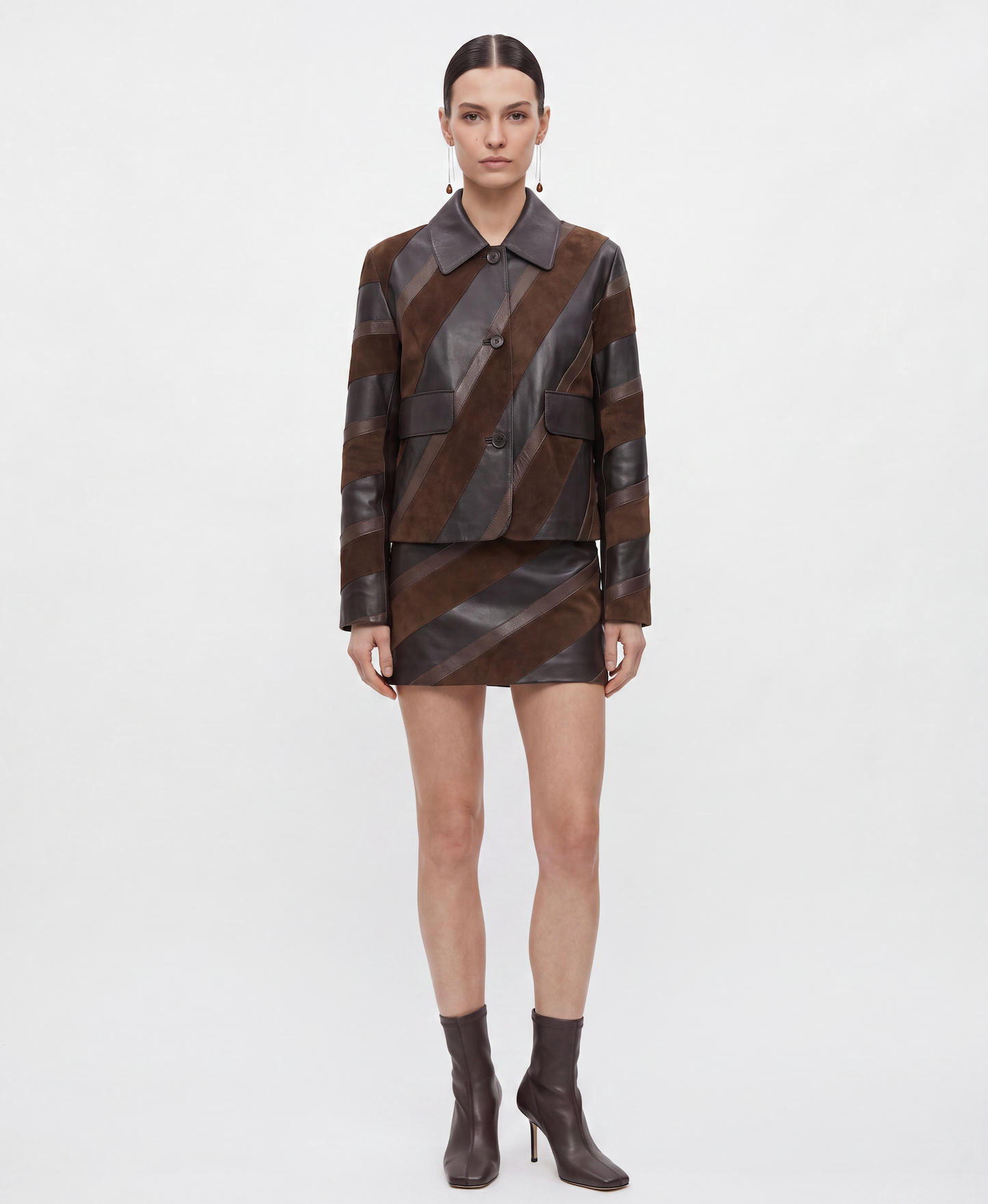 P.A.R.O.S.H Two-tone Mini Skirt in brown suede and black, view 3