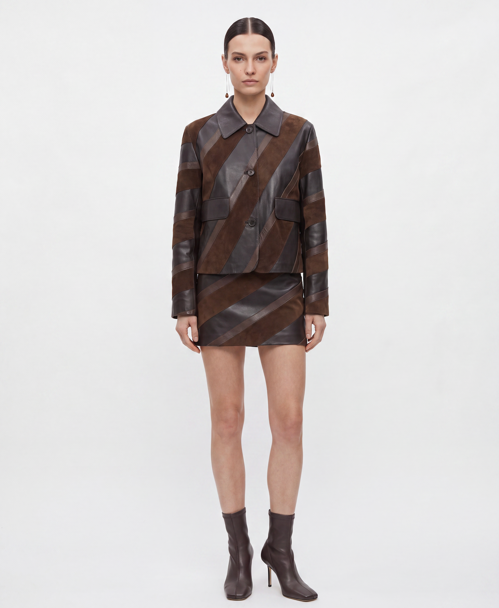 P.A.R.O.S.H Two-tone Mini Skirt in brown suede and black, view 3