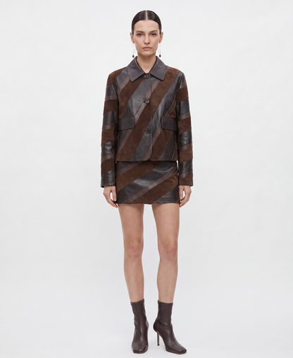 P.A.R.O.S.H Two-tone Mini Skirt in brown suede and black, view 3