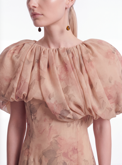 Puff Collar Mini Dress in Beige Floral Print