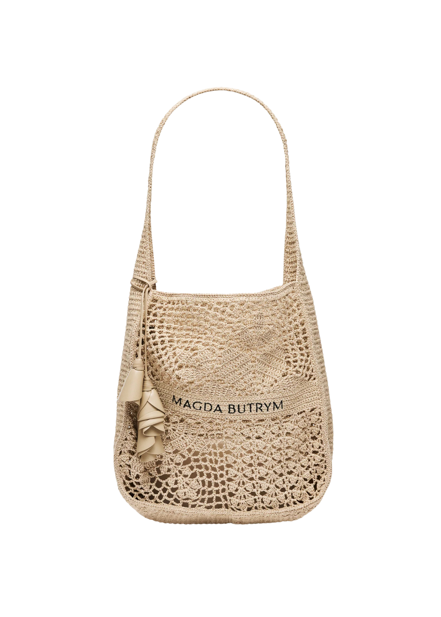 Beige woven handbag with 'Magda Butrym' branding on a white background