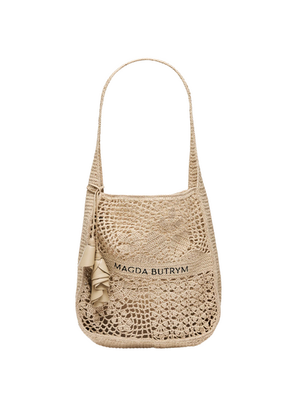 Beige woven handbag with 'Magda Butrym' branding on a white background