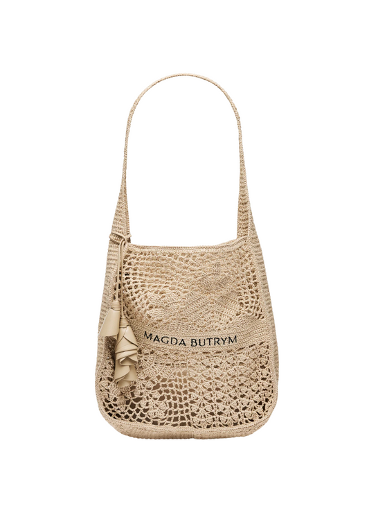 Beige woven handbag with 'Magda Butrym' branding on a white background