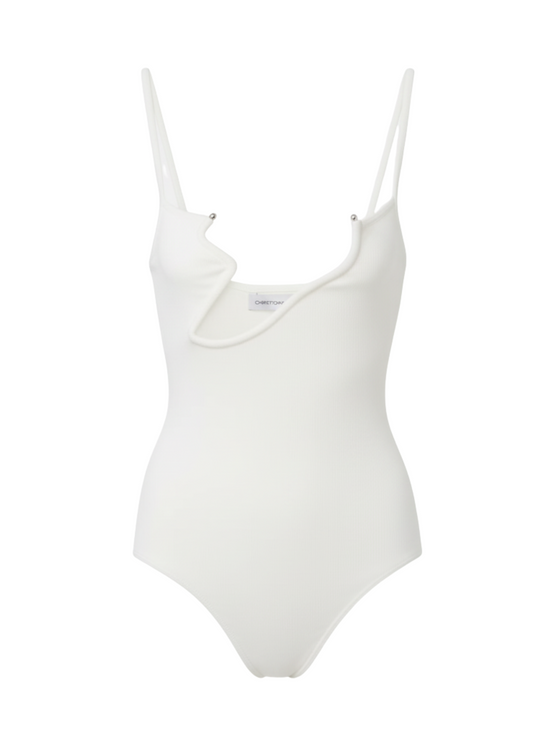 White swimsuit with thin straps on a white background