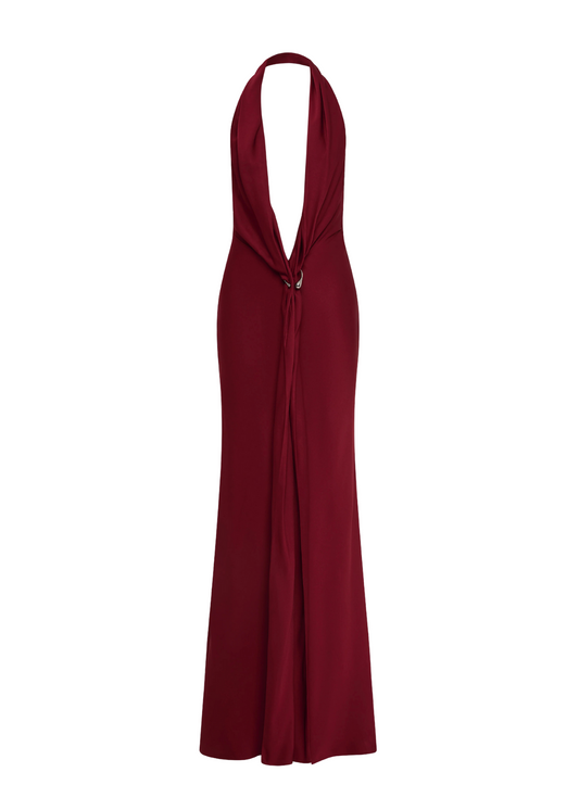 Red halter neck dress on a white background