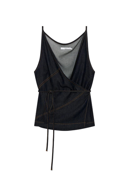 Black sleeveless top with a gray interior on a white background