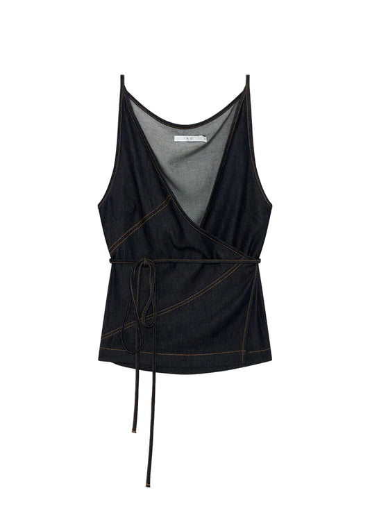 Black sleeveless top with a gray interior on a white background