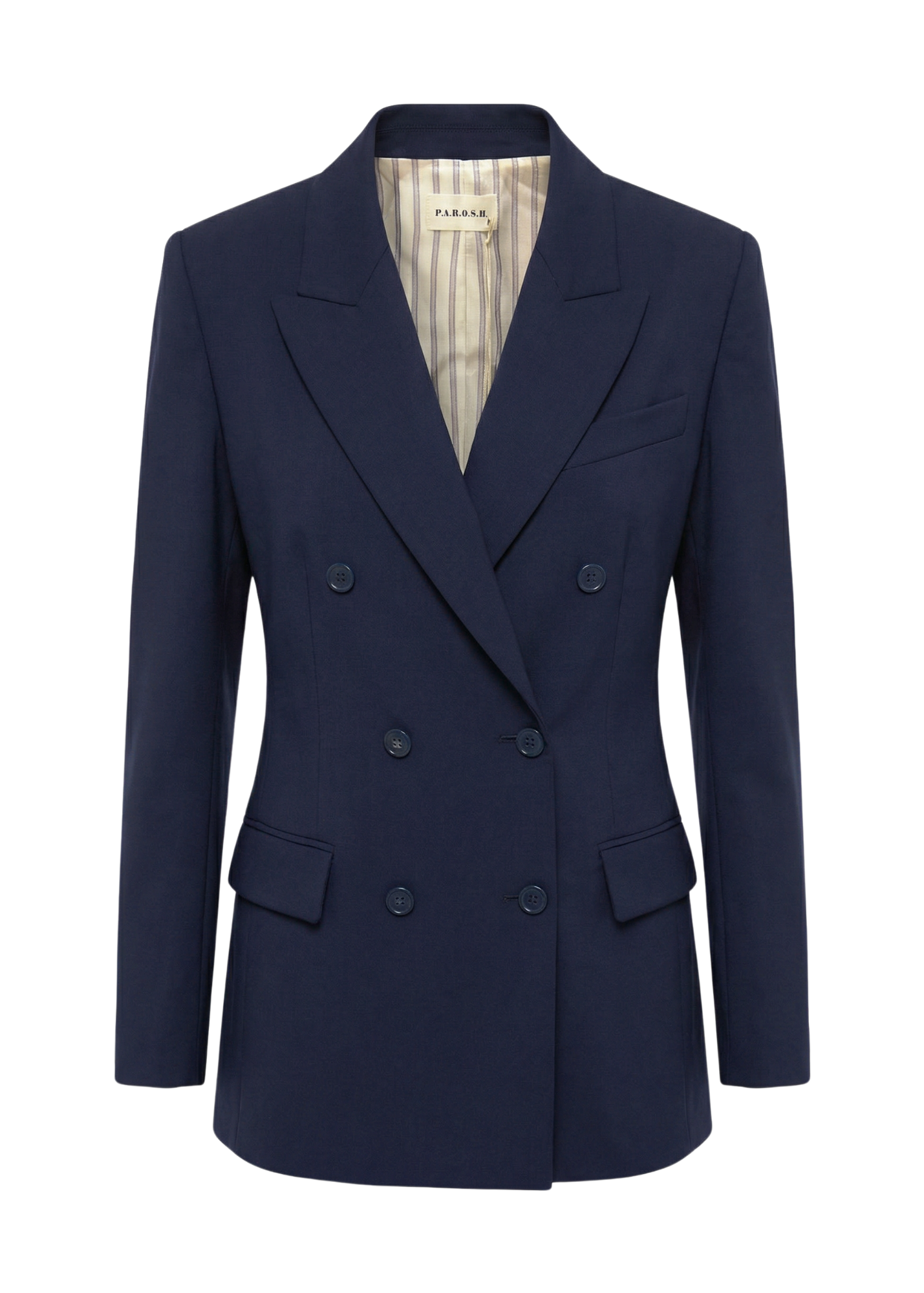 Navy blue blazer with a brand label on a white background